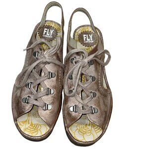Fly London Womens Metallic Leather Wedge Sandals Size 40 With Lace-Up Design & R